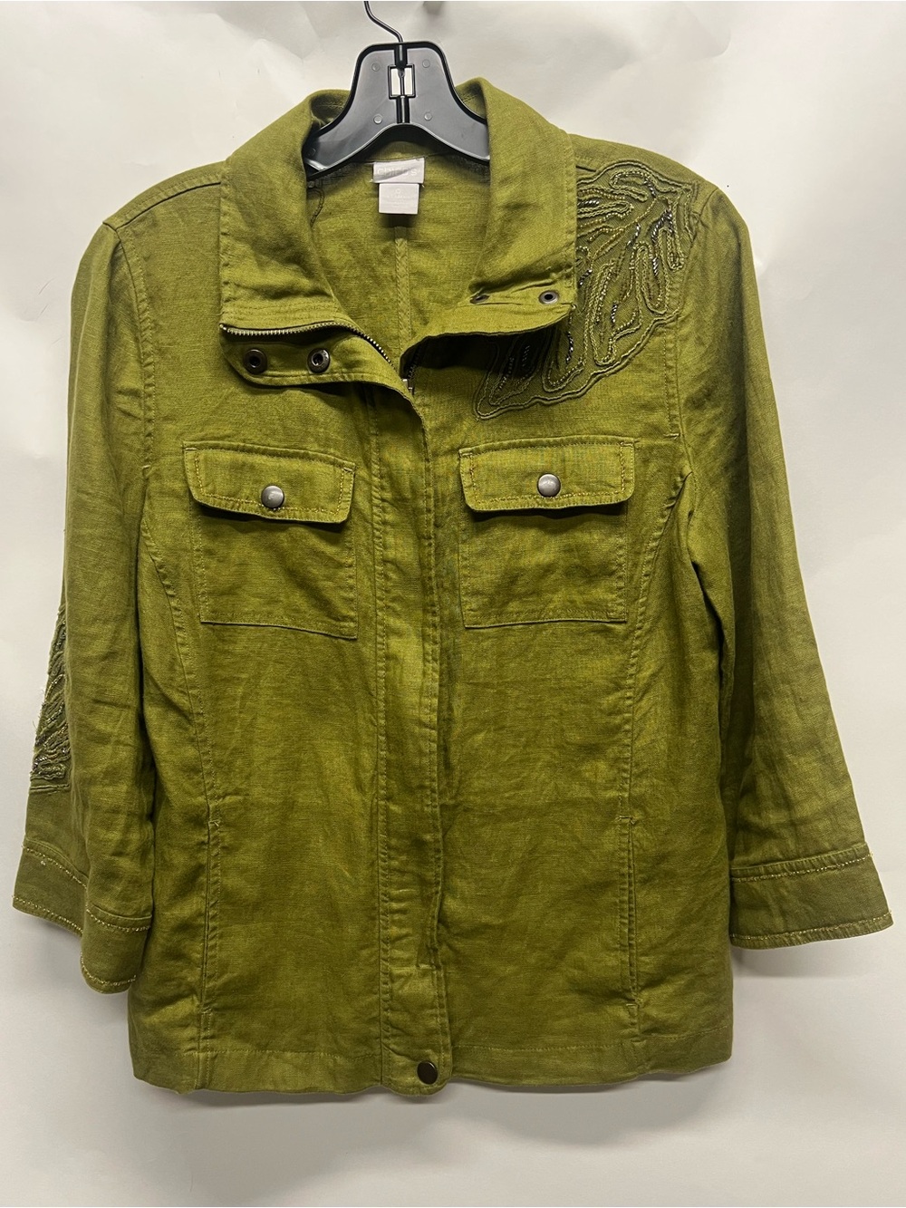 Chico’s Green Linen Jacket 0 (4-6) Beaded Appliqué Zip/Snap Long Sleeve